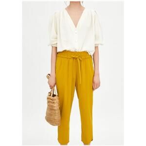 Zara Pants Women X Small Yellow Tie Waist Crop Ankle Smocked Coastal‎ Preppy